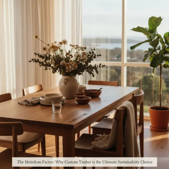 Custom handmade Australian hardwood dining table by Timber and Time, featuring a minimalist aesthetic with natural timber grain and sustainable design for a modern home.